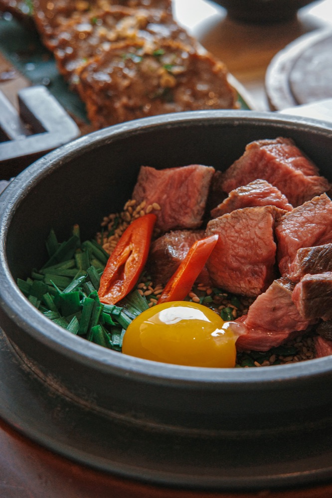 Beef and egg rice bowl close-up